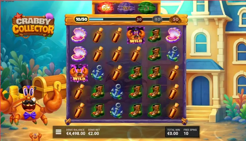 Crabby Collector gameplay screen showing the demo bet controls at €2.00 with plus and minus buttons, demo balance display, and the 6×5 symbol grid with Collection Counter progress bar above the reels