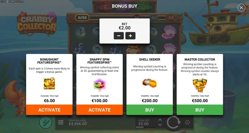 Crabby Collector Bonus Buy menu showing Featurespins options, bonus purchase tiers, bet selector, and pricing