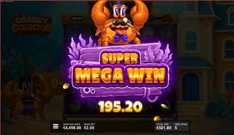Super Mega Win — €195.20, crab celebrating, collection 24/50, FREE SPINS 5, total win €501.80, demo balance €4,498.00