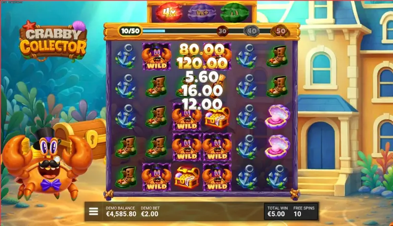 Crabby Collector bonus round gameplay showing free spins UI, wild symbols on the 6×5 grid, Collection Counter progress bar with clamshell markers, and the collect mechanic during feature play