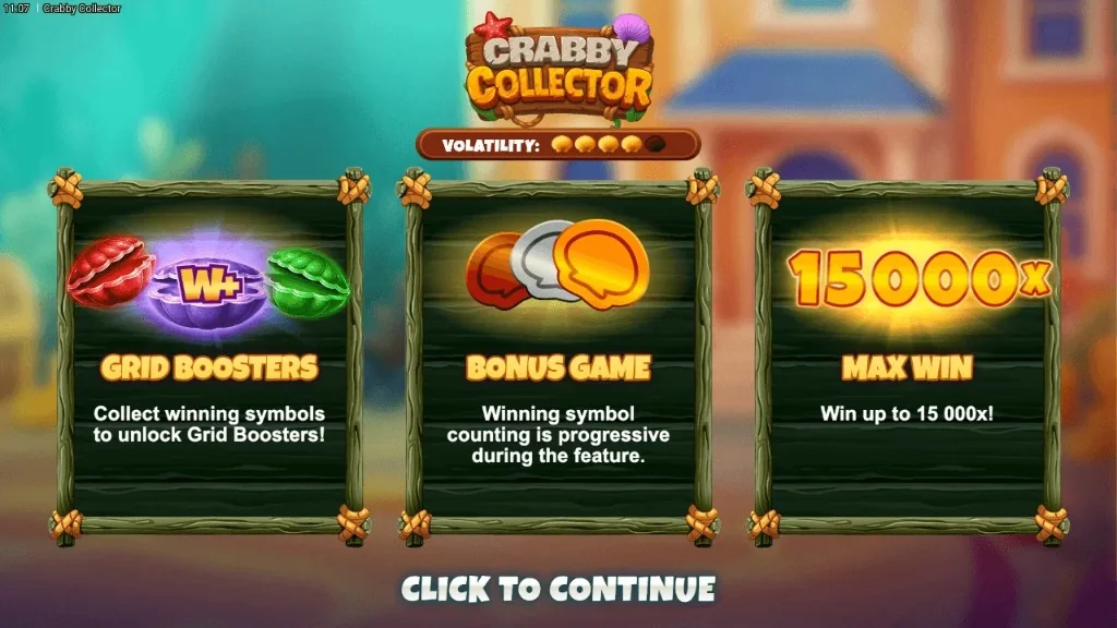 Crabby Collector introductory splash screen with the game logo, volatility rating of four out of five shells, and feature highlights for Grid Boosters, Bonus Game, and a 15,000× max win