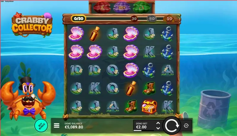 Crabby Collector demo screenshot highlighting the Collection Counter progress bar at 0/50 with 30, 40 and 50 milestones, three booster clam shells above the grid, and the 6×5 symbol reels during a cascade chain