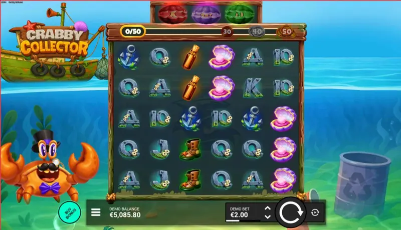 Crabby Collector gameplay screen showing the demo balance, bet controls with plus and minus buttons, and the spin and autoplay buttons along the bottom control bar
