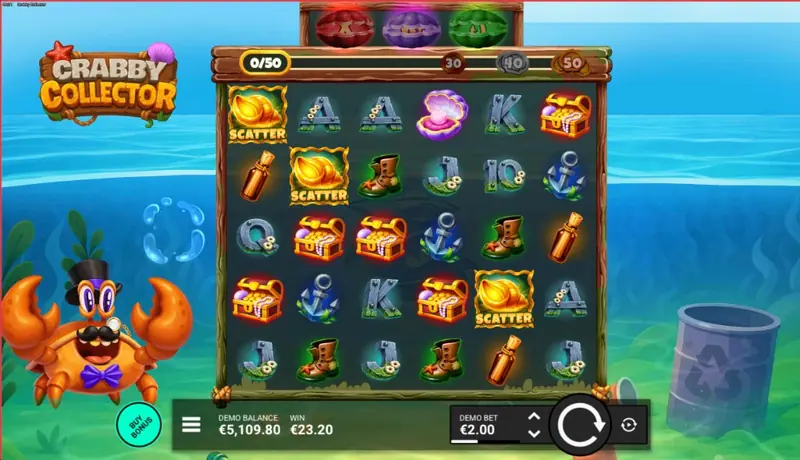 Crabby Collector demo gameplay — 5×5 scatter grid with golden SCATTER shells, demo balance and bet controls, Collection Counter progress bar, and Buy Bonus button
