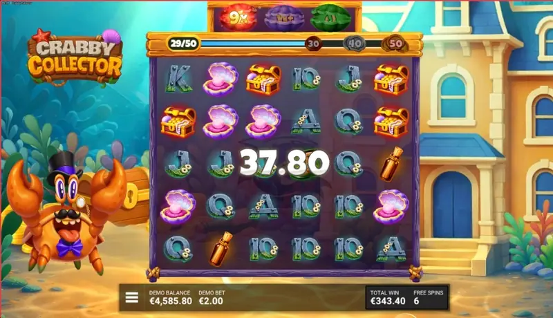 Crabby Collector free spins screenshot showing the 5×5 grid with a €37.80 win overlay, collection counter at 29/50, FREE SPINS 6 remaining, total win €343.40, and the crab mascot with top hat beside an underwater house