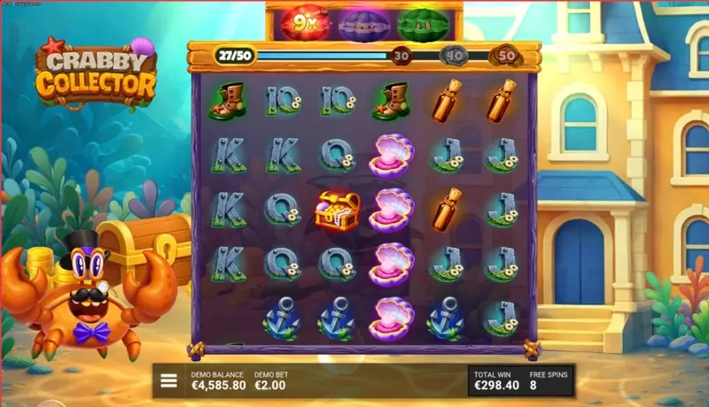 Crabby Collector free spins screenshot showing the 5×5 grid during bonus play, collection counter at 27/50 with clamshell progress bar, FREE SPINS 8 remaining, total win €298.40, and the crab mascot beside an underwater house on the right