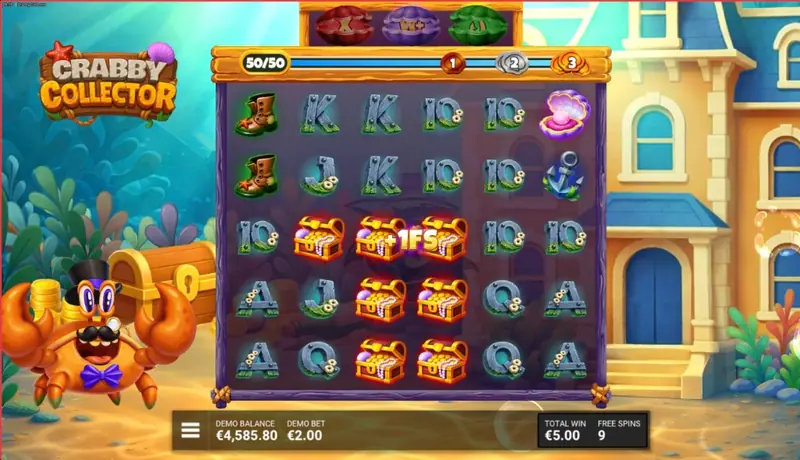 Crabby Collector free spins screenshot showing the 6×5 grid with collection counter at 50/50, clamshell progress icons, FREE SPINS 9 remaining, demo balance €4,585.80, and the crab mascot in a top hat beside an underwater house on the right