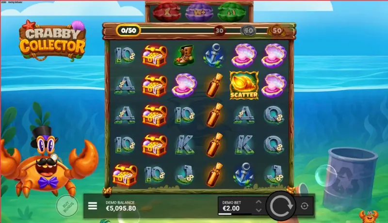 Crabby Collector base game screenshot showing the 5×5 grid, collection progress bar at 0/50, three clam symbols, a scatter icon and the Buy Bonus button below the reels