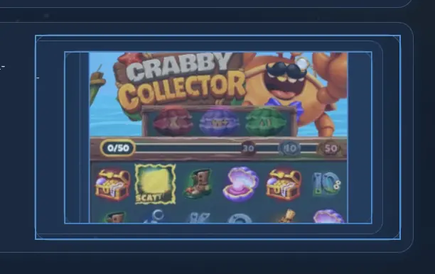 Crabby Collector mobile portrait — CRABBY COLLECTOR logo, crab mascot with monocle and bow tie, collection counter 0/50, booster shells (X, W+, A), game grid with SCATTER, treasure chests, and pearl clam