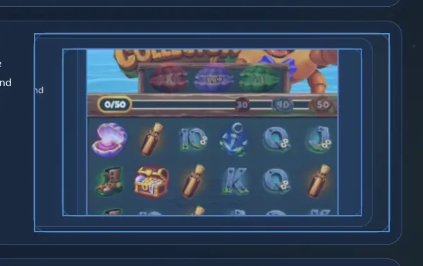 Crabby Collector mobile view — collection counter 0/50, booster shells (X, W+, A), top of 6×5 grid with symbols, crab mascot partially visible