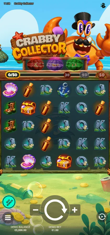 Crabby Collector mobile gameplay screen in portrait mode with the 6×5 grid and touch controls
