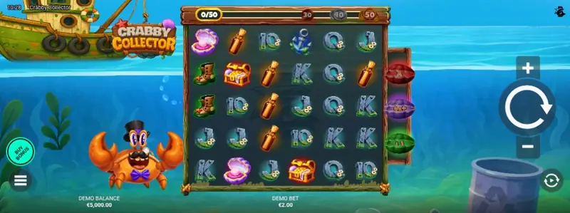 Crabby Collector in landscape on mobile — wide 6×5 grid with the crab mascot, collection counter at 0/50, spin controls and Buy Bonus button
