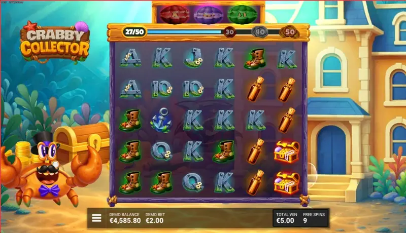 Crabby Collector free spins screenshot showing high- and low-value symbols on the 6×5 grid, Collection Counter at 27/50 with clamshell milestones, FREE SPINS 9 remaining and total win €5.00 — compare reel symbols with the in-game paytable for cluster payout values