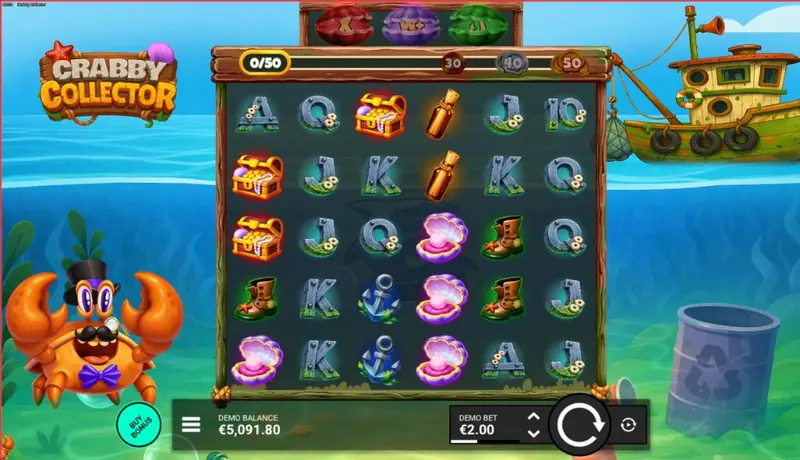 Crabby Collector gameplay screen after pressing Spin, showing matching symbol clusters on the 6×5 grid with the demo bet controls and spin button below the reels
