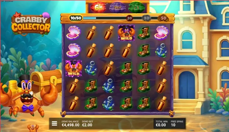 Crabby Collector free spins screenshot: 5×5 grid with collection counter at 10/50, booster shells showing 6×, ×12, and ×25 multipliers, FREE SPINS 10 remaining, demo balance €4,498.00, and crab mascot with top hat and monocle