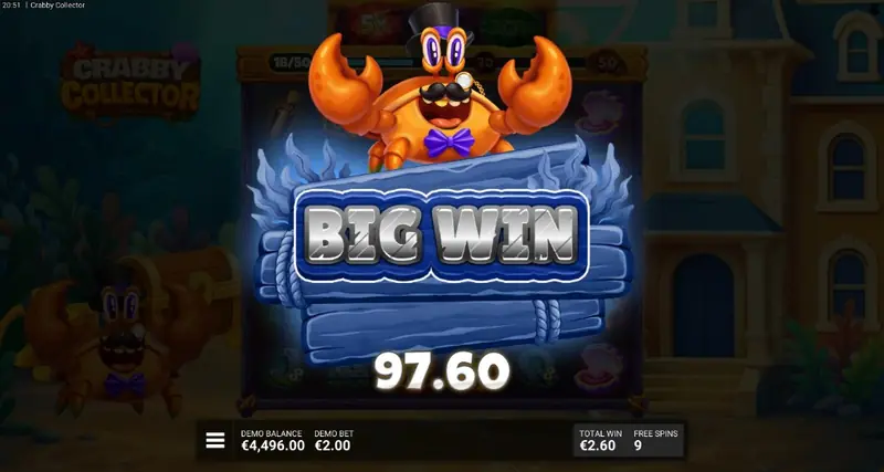 Crabby Collector Big Win celebration screen with the crab mascot and a 97.60 multiplier overlay during free spins