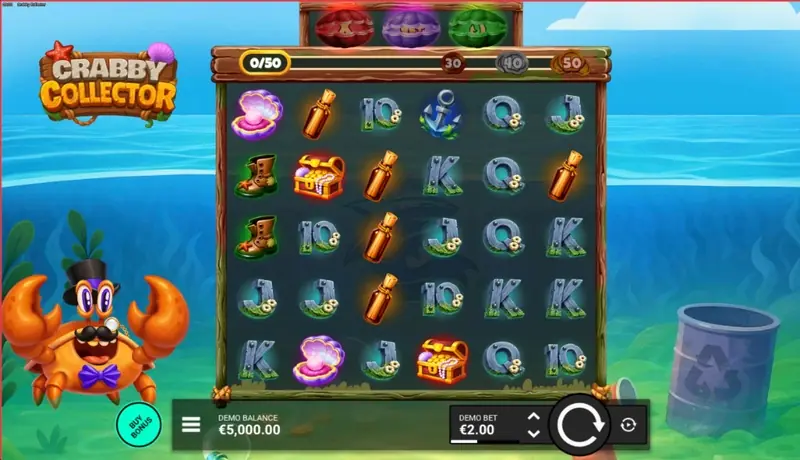 Crabby Collector base game demo screenshot showing the 6×5 grid, collection counter at 0/50, demo balance €5,000.00, demo bet €2.00, Buy Bonus button, and the crab mascot beside an underwater house on the right