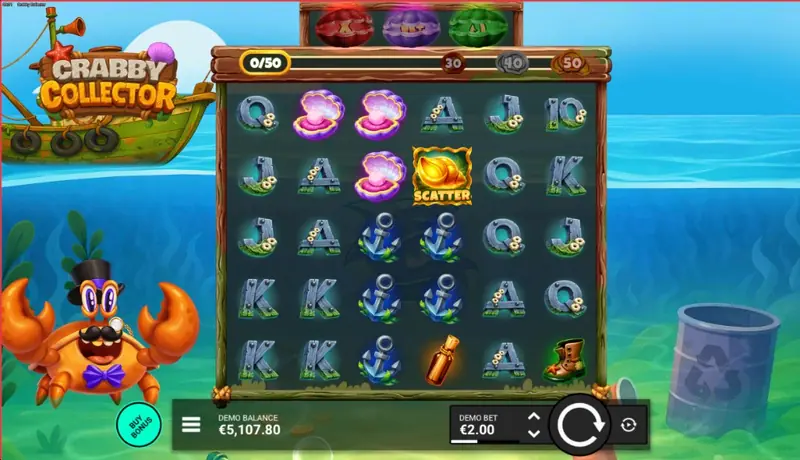 Crabby Collector base game screenshot showing the 5×5 grid, collection counter at 0/50, demo balance UI and the crab mascot beside the reels