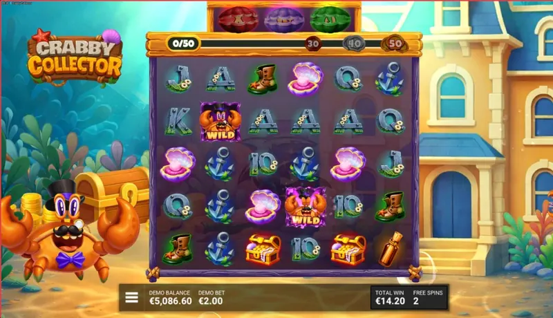 Crabby Collector demo gameplay during free spins — 5×5 reel grid with wild symbols, Collection Counter progress bar and demo balance UI